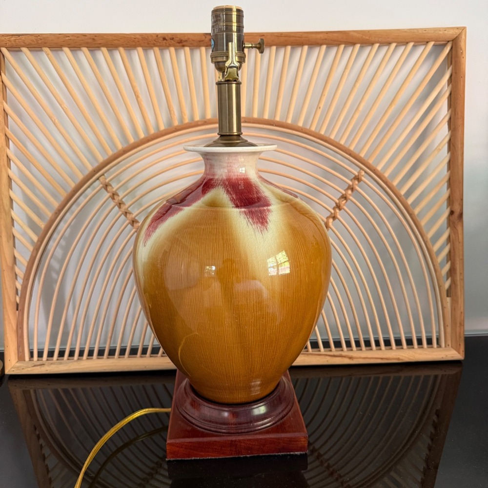 Summerour Lamps Vintage Ceramic Drip Glaze Table Lamp Yellow Red Wood Base Mid C